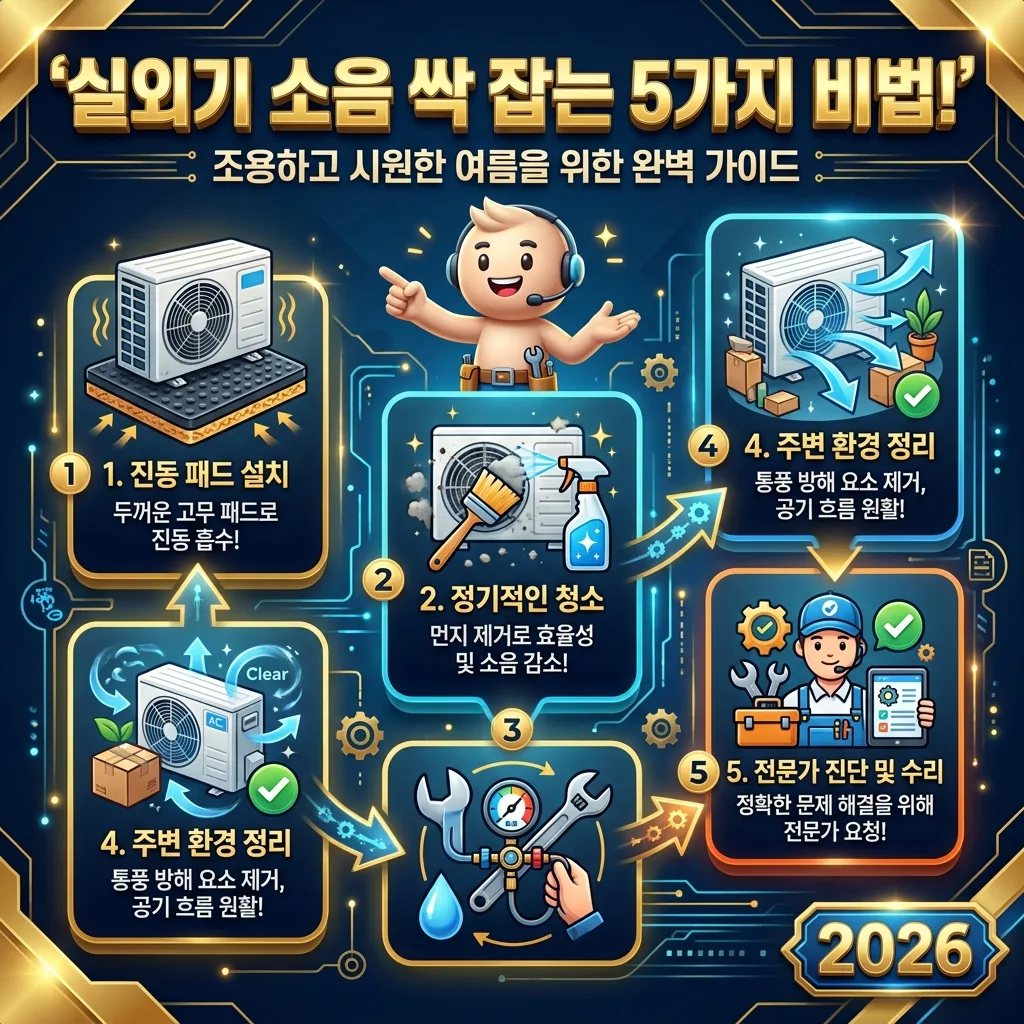 에어컨 실외기 소음을 줄이는 5가지 효과적인 방법을 단계별로 설명하는 인포그래픽입니다. 진동 패드, 청소, 점검 등 구체적인 해결책을 시각화했습니다.