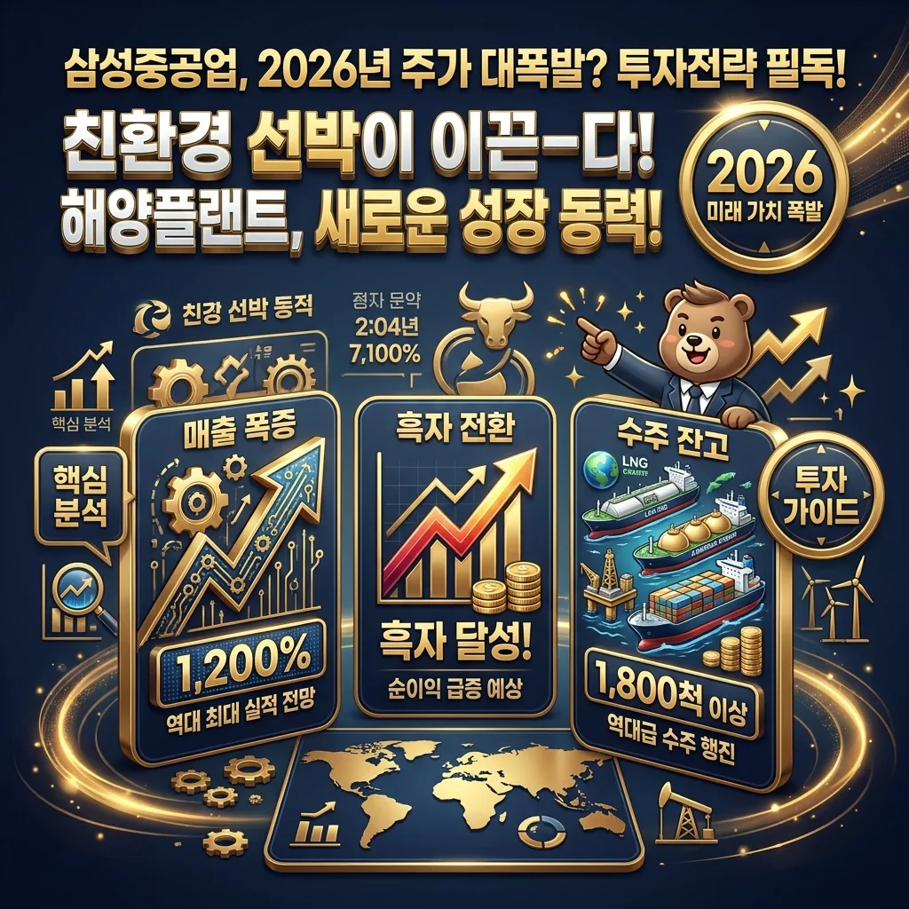 2026년 삼성중공업의 3대 핵심 성장 동력을 시각화한 인포그래픽 포스터. 친환경 선박, 해양플랜트, 기술 혁신을 각각의 아이콘과 핵심 키워드로 설명하며, 각 부문의 성장 잠재력을 강조합니다. 2025년 대비 2026년 시장 환경 변화와 함께 3D 로봇 캐릭터가 성장을 안내하는 모습입니다.