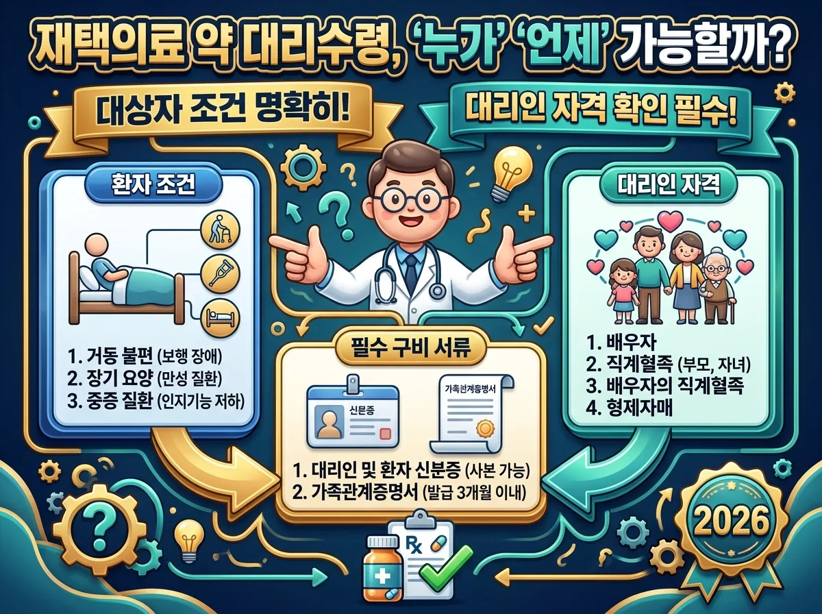 2026년 재택의료 처방약 대리수령의 전체 절차를 단계별로 설명하고, 놓치지 말아야 할 핵심 체크리스트를 포함한 인포그래픽입니다. 복잡한 과정을 쉽고 빠르게 이해할 수 있도록 시각화했습니다.