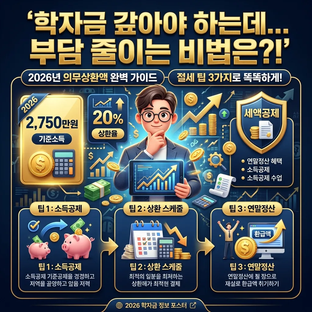 2026년 취업 후 학자금 상환 의무상환액 계산 방법과 부담을 줄이는 세액공제 등 3가지 절세 팁을 알려주는 인포그래픽 포스터