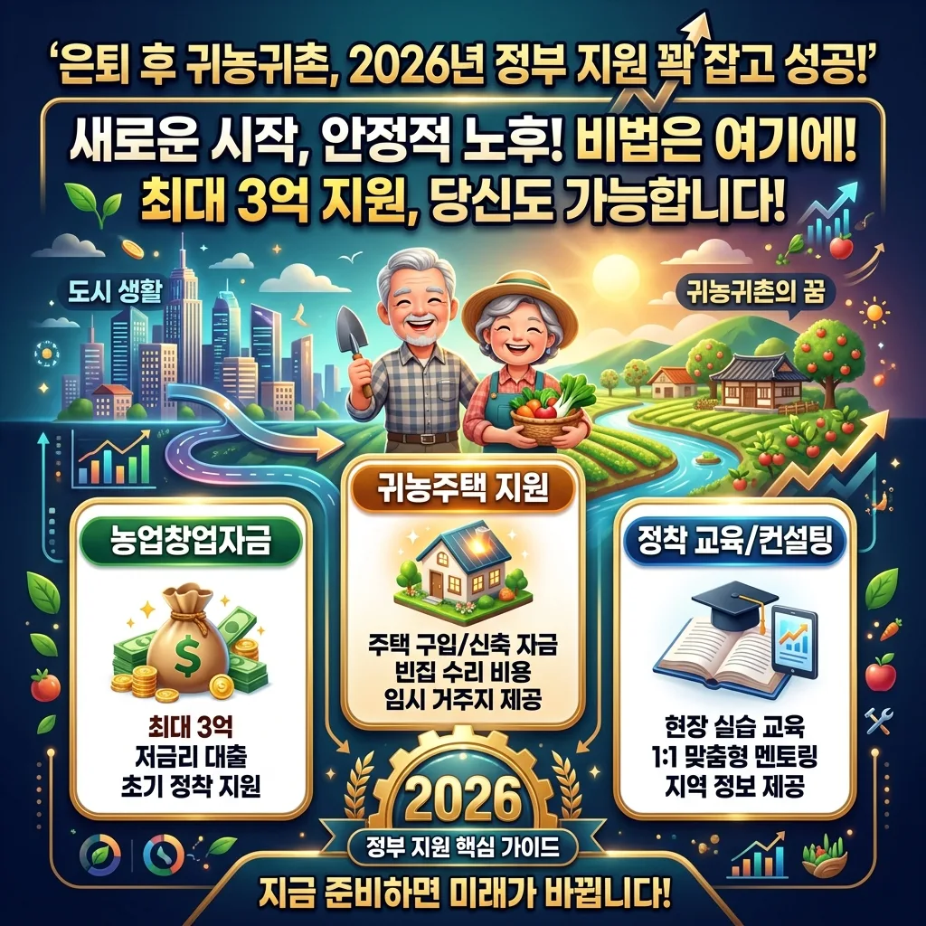2026년 은퇴 후 귀농귀촌 정부 지원사업의 핵심 내용을 담은 강렬한 인포그래픽 포스터. '은퇴 후 귀농귀촌, 2026년 정부 지원 꽉 잡고 성공!'이라는 큰 헤더와 함께, 농업창업자금, 주택 지원, 교육 등 주요 혜택을 시각화한 정보 카드와 친근한 캐릭터가 어우러져 성공적인 정착 전략을 한눈에 보여줍니다.