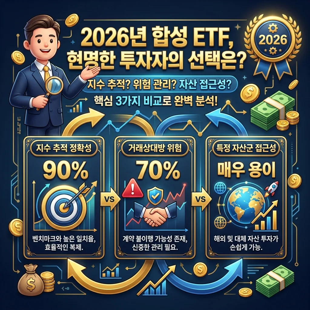 합성 ETF의 핵심인 스와프 계약 구조를 상세하게 해부하는 정보성 포스터. 투자자, 발행사, 거래상대방, 기초자산 간의 관계와 자금 흐름을 시각적으로 명확하게 보여주며, 복잡한 개념을 쉽게 이해하도록 돕습니다.