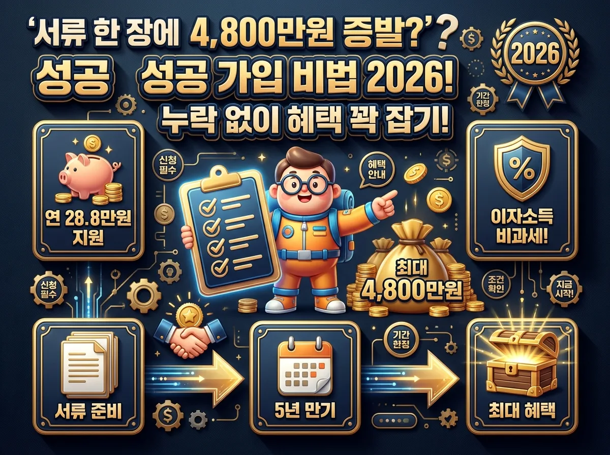2026년 청년도약계좌 가입 시 서류 누락으로 4,800만원의 목돈과 정부 지원금을 놓칠 수 있다는 경고와 함께, 성공적인 가입을 위한 비법을 담은 꽉 찬 인포그래픽 포스터. 3D 캐릭터가 체크리스트를 들고 있으며 주요 혜택(정부 기여금, 비과세)이 강조되어 있습니다.