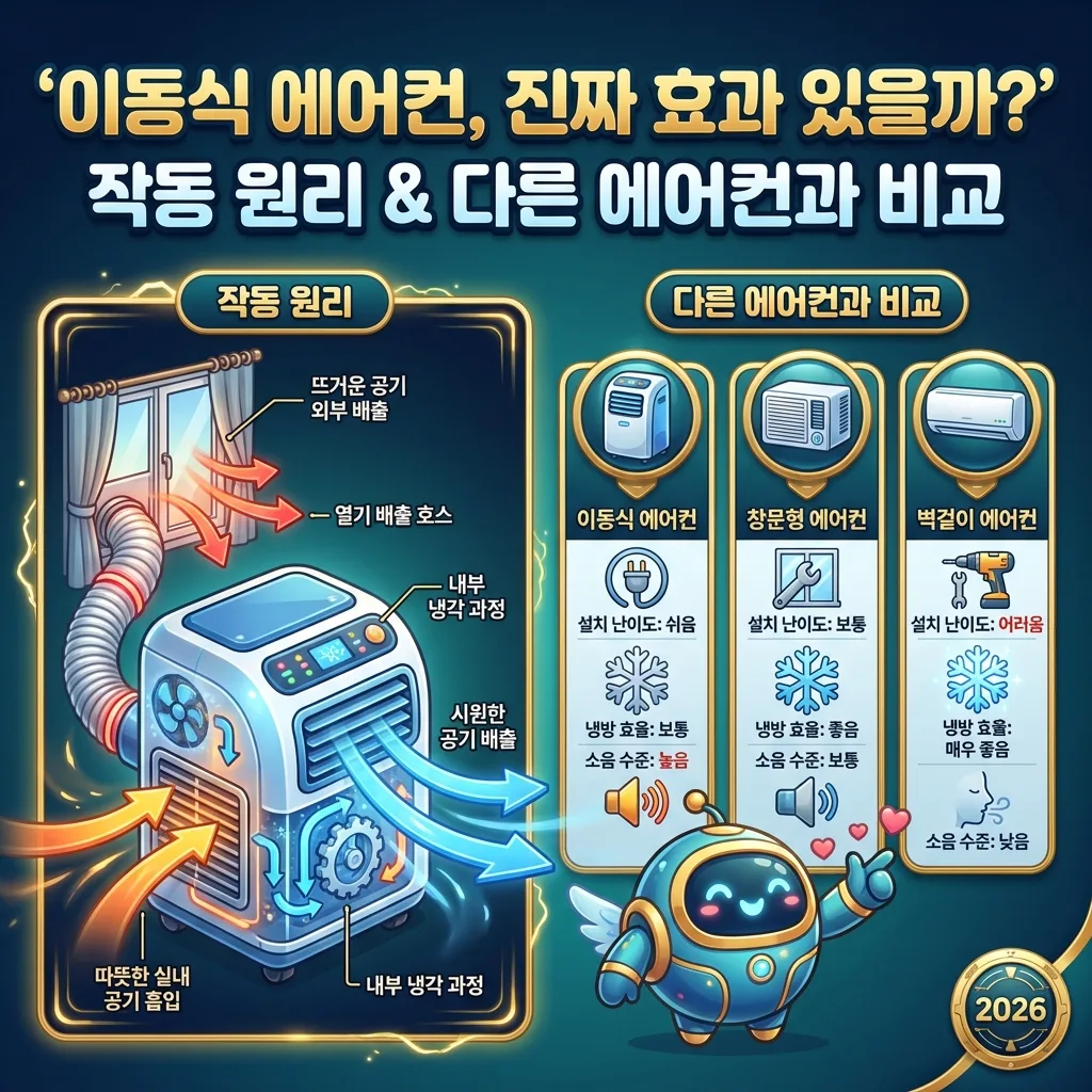 이동식 에어컨의 작동 원리 다이어그램과 함께, 창문형 및 벽걸이형 에어컨과의 설치 난이도, 냉방 효율, 소음 수준을 비교하는 인포그래픽 포스터.