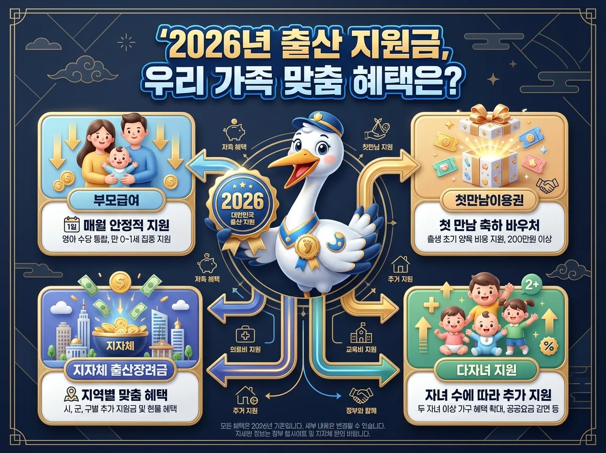2026년 복지로 출산장려금의 온라인 신청 과정을 5단계로 나누어 설명하는 인포그래픽. 정보 탐색부터 서류 준비, 온라인 신청, 그리고 최종 지급까지의 절차를 친근한 가이드 캐릭터와 아이콘으로 시각화했습니다.