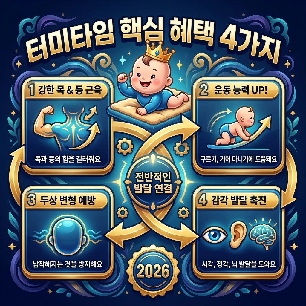 강렬한 인포그래픽 포스터에 "터미타임 핵심 혜택 4가지"라는 헤더가 있다. 3D 카툰 아기 캐릭터가 명랑한 자세를 취하고 있으며, 목/등 근육 강화, 운동 능력 발달, 두상 변형 예방, 감각 발달 촉진의 네 가지 핵심 혜택이 아이콘과 한글 텍스트로 시각화되어 있다. '2026' 배지도 포함되어 있다.