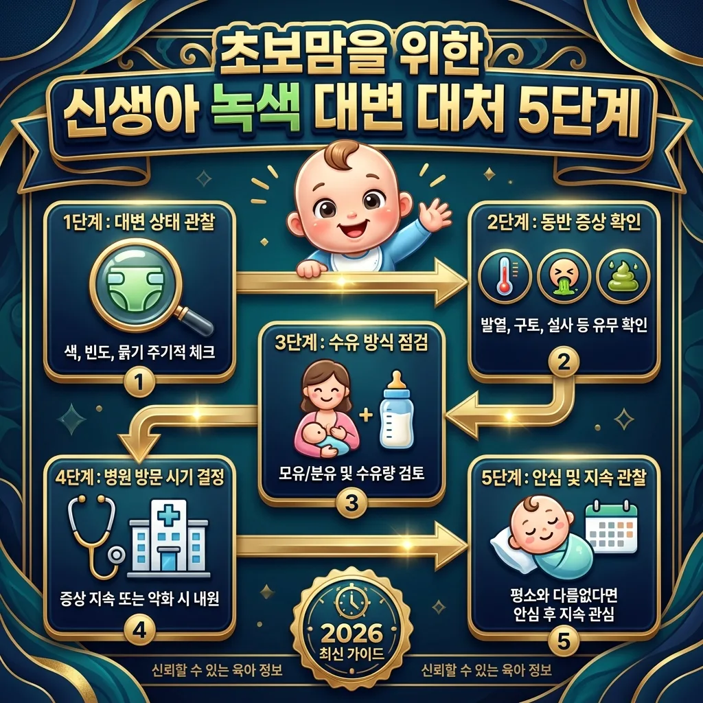 신생아 녹색 대변에 대한 초보 엄마들을 위한 5단계 대처법을 시각적으로 설명하는 상세한 인포그래픽 포스터. 관찰부터 병원 방문 결정까지의 과정을 담고 있다.