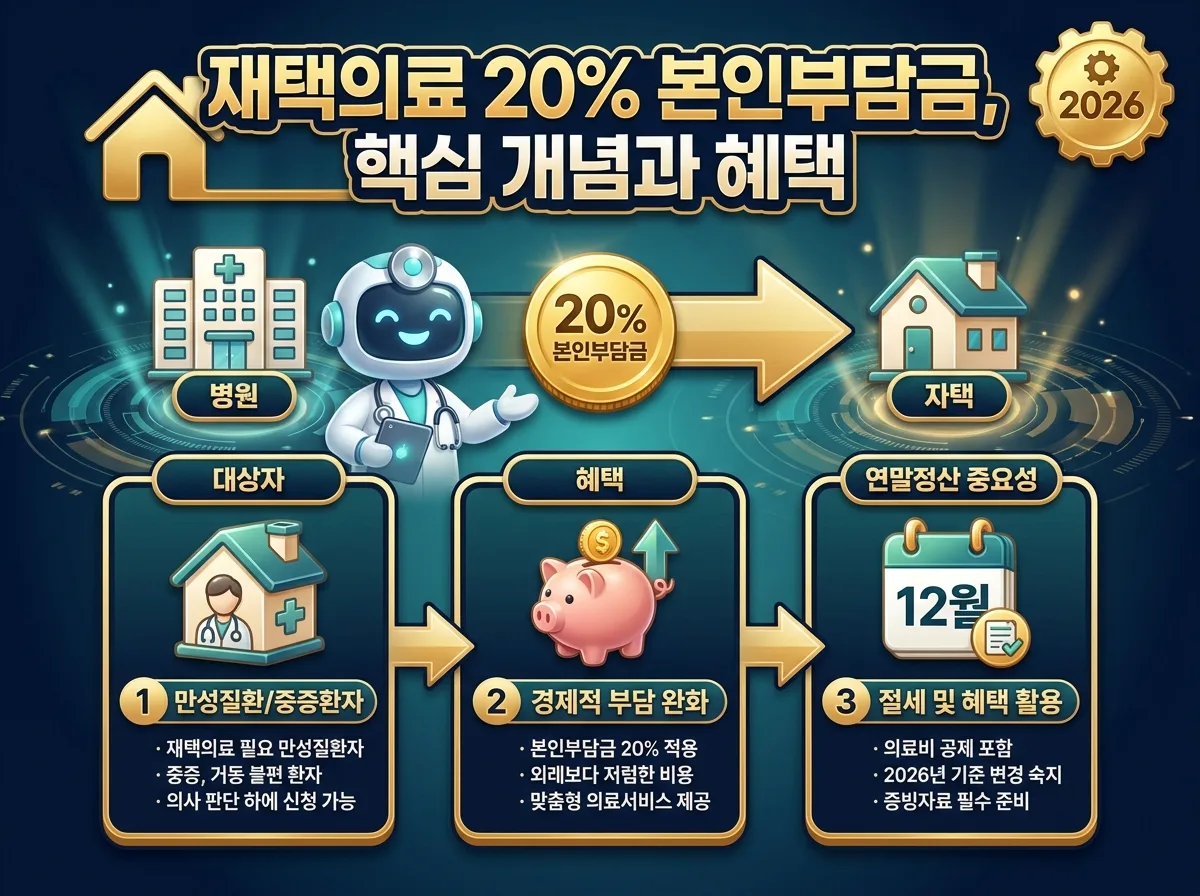 2026년 재택의료비 연말정산 시 세액공제를 위한 4단계 절차를 명확하게 시각화한 정보성 인포그래픽 포스터.