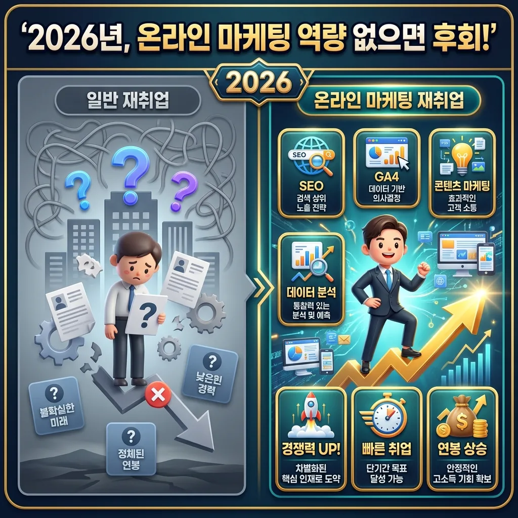 2026년 온라인 마케팅 역량의 중요성을 강조하는 비교 인포그래픽 포스터입니다. 일반 재취업과 온라인 마케팅 재취업의 차이를 시각적으로 대비하여 보여주며, SEO, GA4, 콘텐츠 마케팅 등 핵심 역량과 경쟁력 향상, 빠른 취업, 연봉 상승과 같은 주요 혜택을 다채로운 아이콘과 함께 표현했습니다.