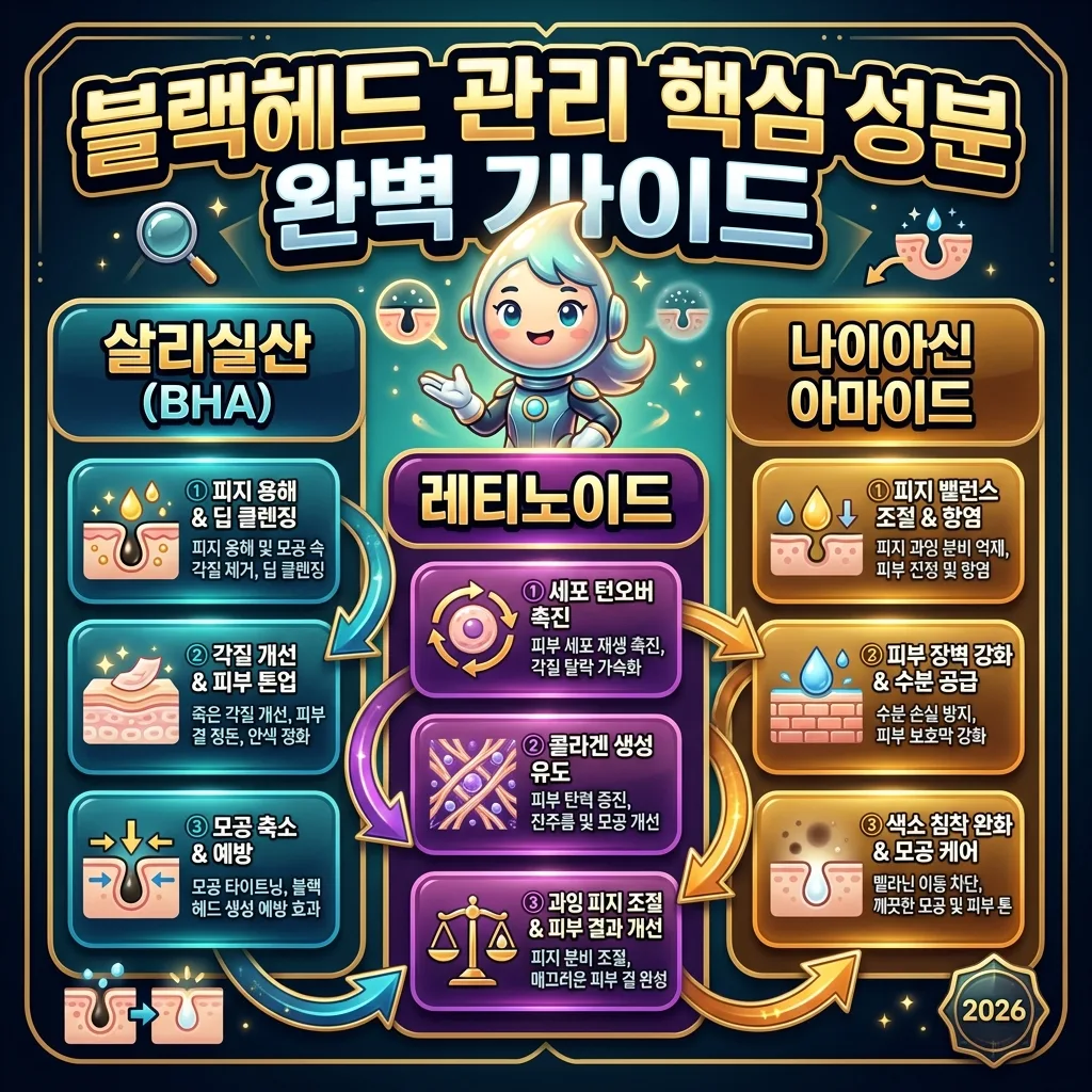 블랙헤드 관리에 효과적인 살리실산(BHA), 레티노이드, 나이아신아마이드 등 핵심 성분들의 작용 원리와 효능, 올바른 사용법을 시각적으로 설명하는 인포그래픽 포스터입니다.
