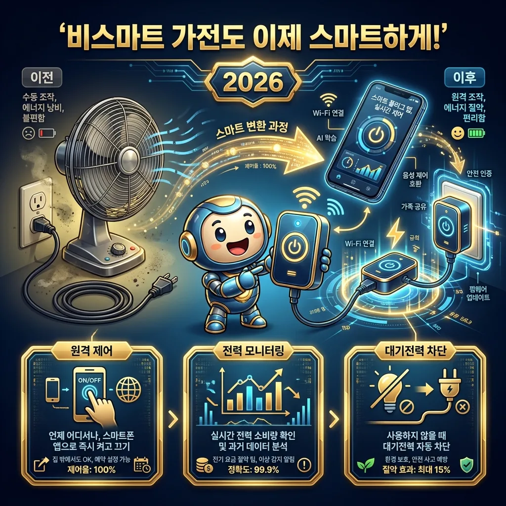 스마트 플러그를 사용하여 비스마트 가전이 원격 제어, 전력 모니터링, 대기전력 차단이 가능한 스마트 가전으로 변모하는 과정을 시각화한 정보성 포스터입니다.