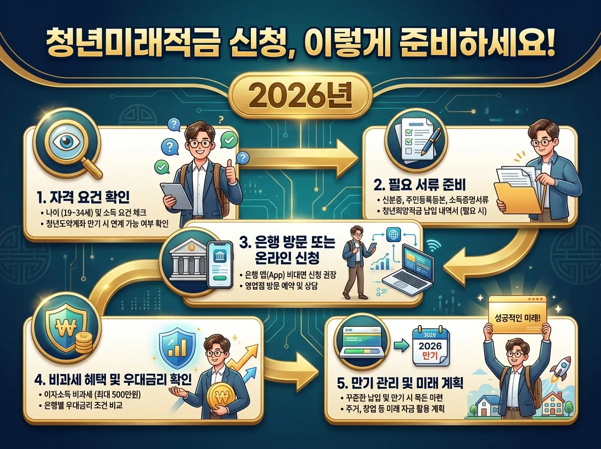 2026년 청년미래적금(청년도약계좌) 신청을 위한 필수 준비 사항을 단계별 체크리스트 형태로 시각화한 정보 포스터입니다. 자격 요건 확인부터 필요 서류 준비, 신청 방법, 비과세 혜택까지 핵심 과정을 친근한 캐릭터가 설명하며, 청년들이 혼동 없이 적금을 준비하도록 돕습니다.