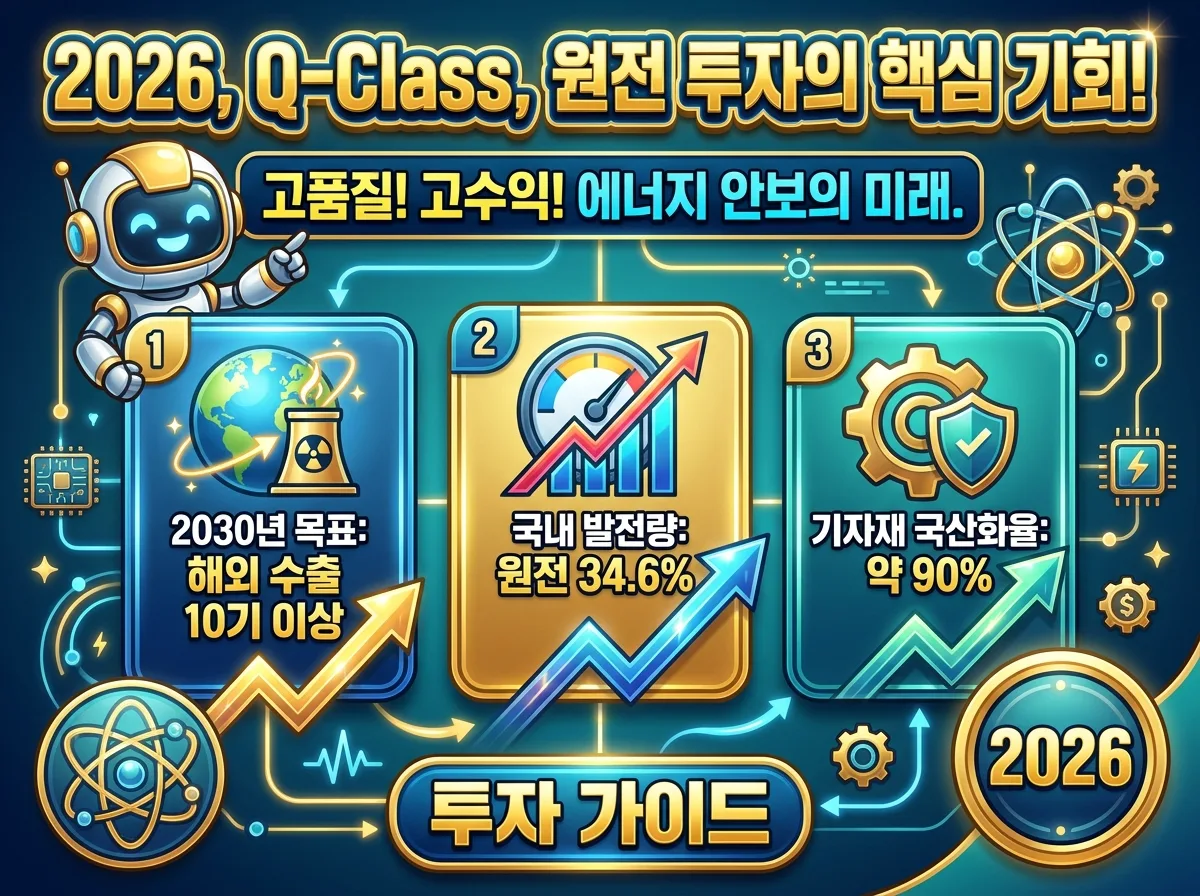 2026년 원전 밸류체인 Q-Class 인증 기업에 대한 투자 기회를 강조하는 인포그래픽 포스터. '2026, Q-Class, 원전 투자의 핵심 기회!'라는 거대한 한글 헤더와 함께 고품질, 고수익, 에너지 안보의 미래를 강조한다. 2030년 해외 수출 10기 이상, 국내 발전량 34.6%, 기자재 국산화율 90% 등 핵심 데이터를 아이콘과 함께 보여주며, 친근한 3D 캐릭터가 정보를 안내한다.