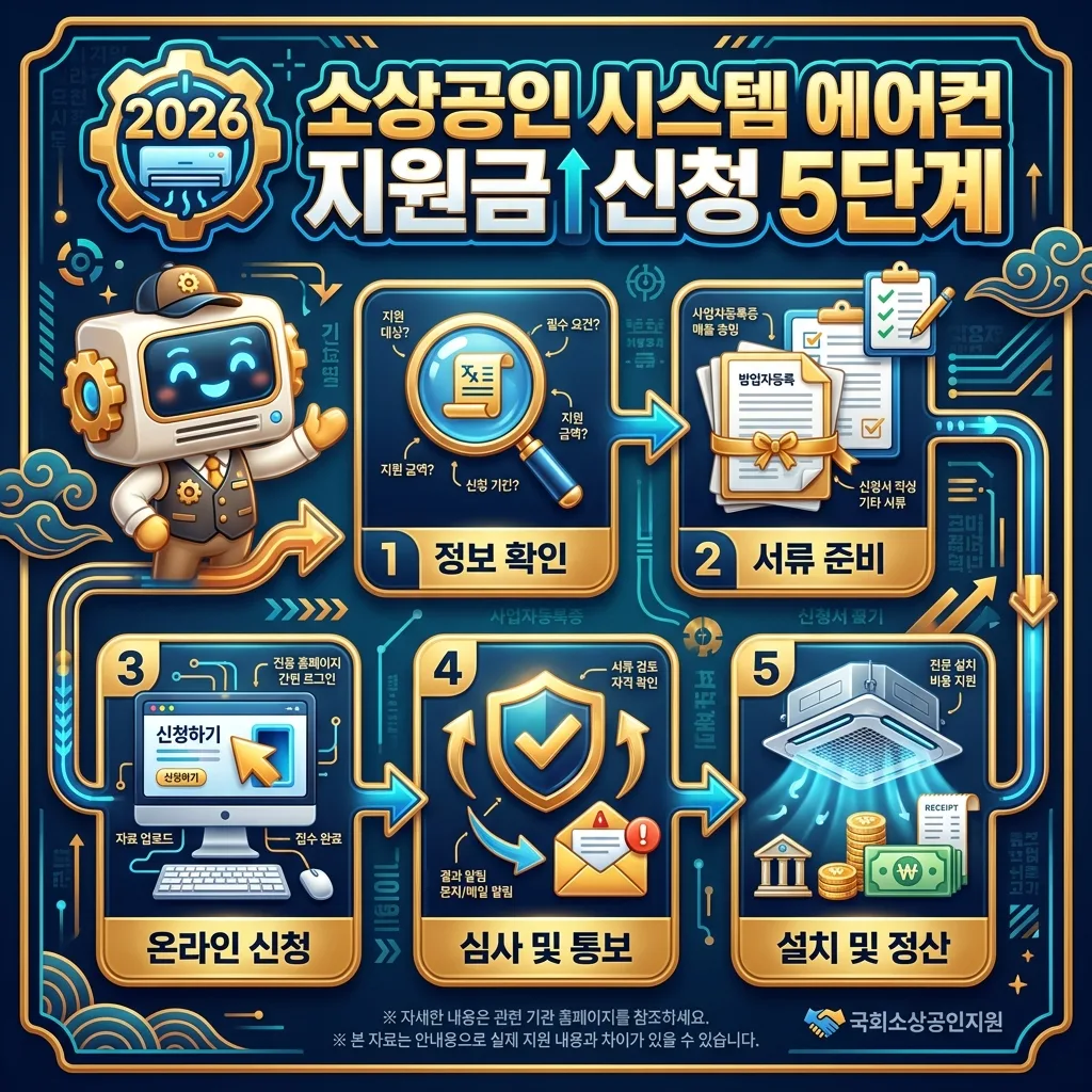 소상공인 시스템 에어컨 지원금의 3가지 핵심 혜택을 명확하게 보여주는 정보성 포스터. 에너지 효율 개선, 시설 현대화, 운영 비용 절감이라는 세 가지 이점이 각기 다른 아이콘과 라벨로 표현되어 있으며, 밝은 표정의 자영업자 캐릭터가 혜택을 강조한다. '2026' 배지가 디자인에 통합되어 있다.