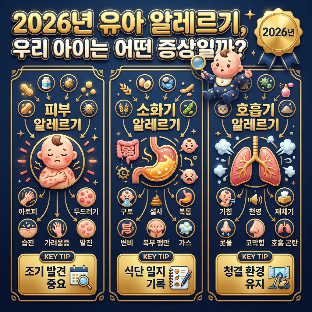 2026년 유아 알레르기의 피부, 소화기, 호흡기 유형별 증상을 자세히 보여주는 인포그래픽. 각 유형별 대표 증상 아이콘과 관리 팁이 함께 제시되어 부모가 아이의 알레르기를 이해하고 대처하는 데 도움을 줍니다.