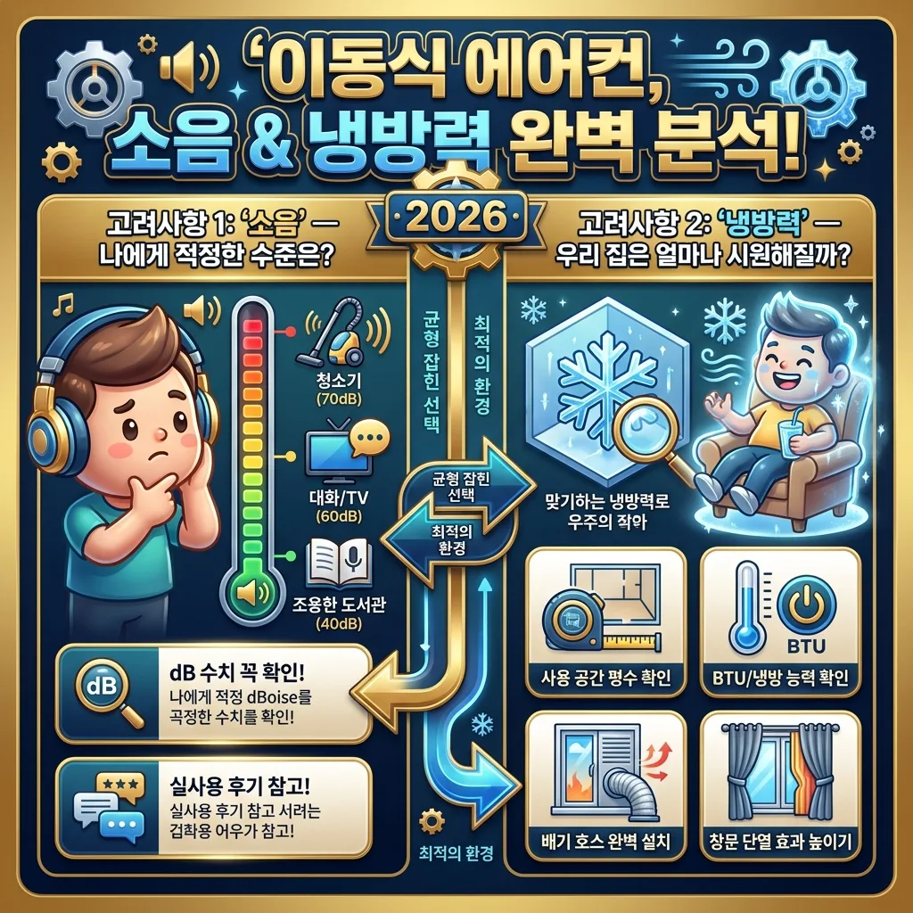 이동식 에어컨 구매 시 중요한 소음 수준을 다양한 환경과 비교하고, 냉방력을 사용 공간에 맞춰 최적화하는 팁을 제공하는 인포그래픽 포스터.