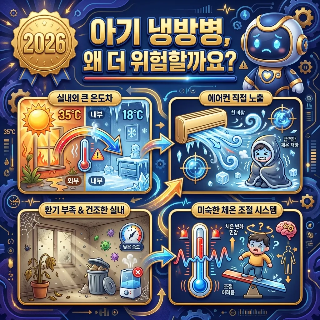 아기 냉방병이 더 위험한 이유를 시각화한 인포그래픽. 실내외 온도차, 직접 에어컨 노출, 환기 부족, 미숙한 체온 조절 시스템 등 주요 원인과 취약점을 보여줍니다.