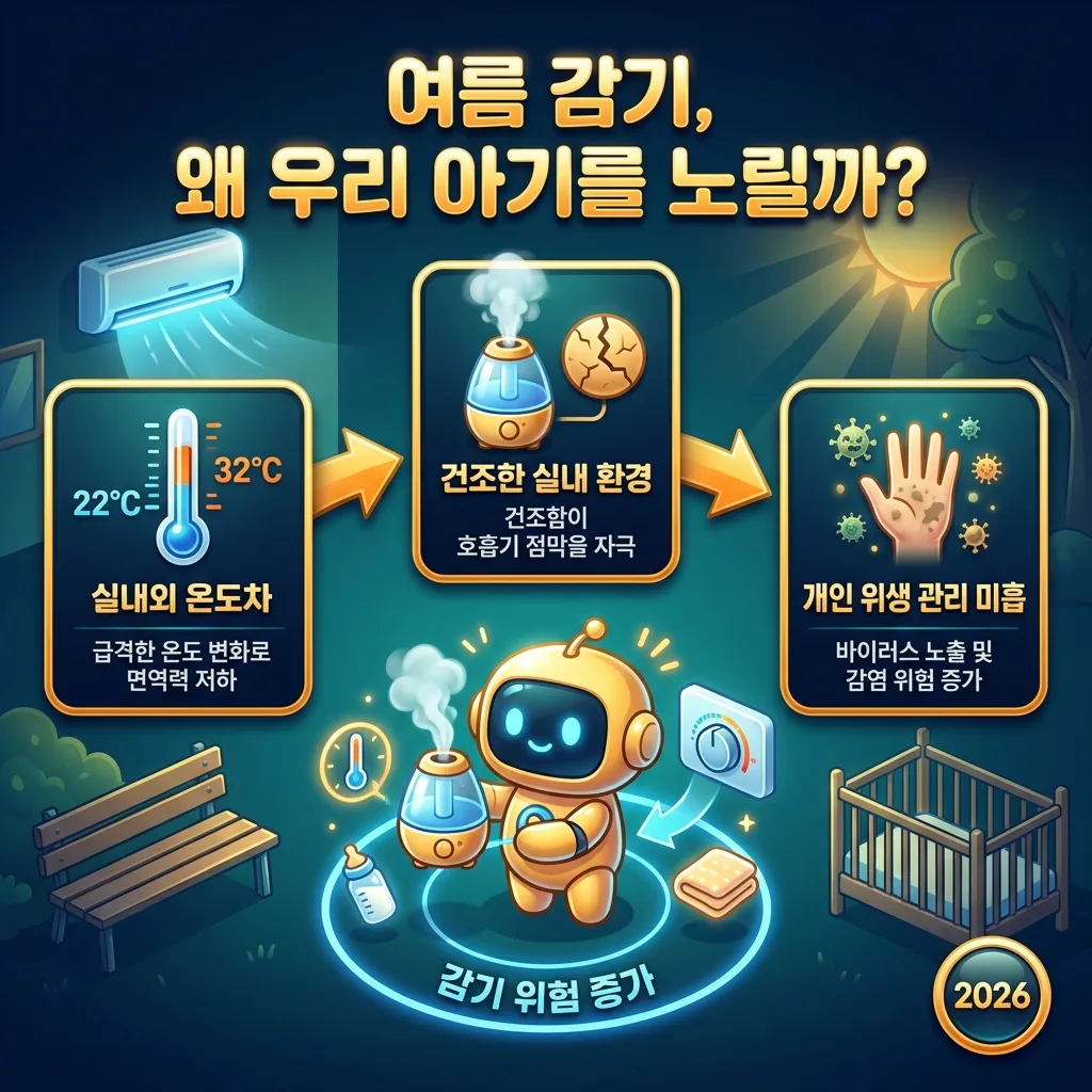 2026년 여름철 신생아 감기를 유발하는 실내외 온도차, 건조한 환경, 위생 관리 미흡의 3가지 주요 원인을 시각화한 인포그래픽입니다.
