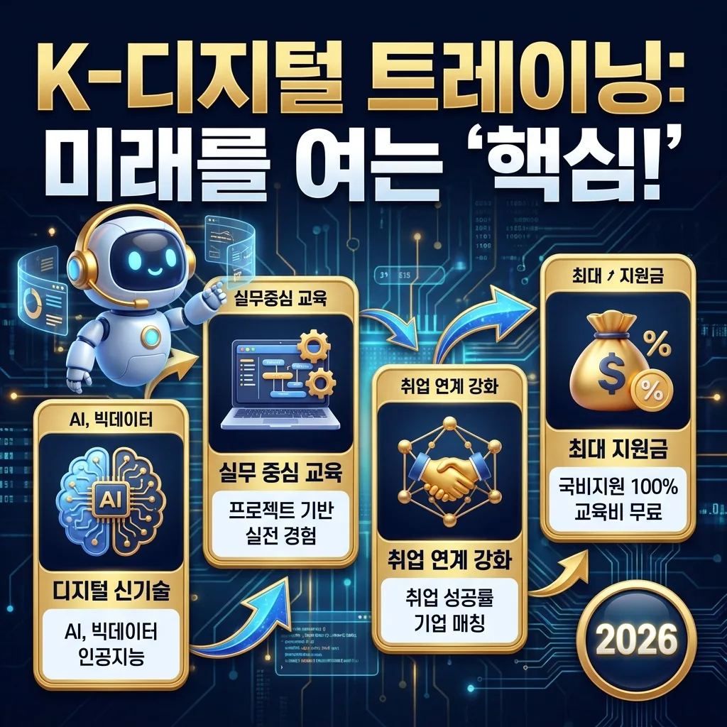 2026년 K-디지털 트레이닝 프로그램의 핵심 특징과 이점을 설명하는 정보성 인포그래픽. 'K-디지털 트레이닝: 미래를 여는 핵심!'이라는 제목 아래, 디지털 신기술, 실무 중심 교육, 취업 연계 강화, 최대 지원금 등의 주요 내용을 친근한 캐릭터와 아이콘, 구체적인 키워드로 시각화하여 프로그램의 중요성을 강조합니다.