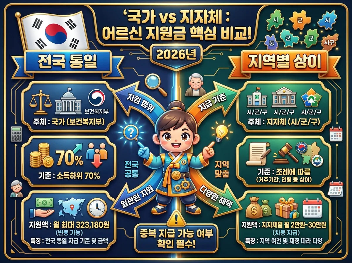 2026년 우리 동네 어르신 지원금을 확인하는 5단계 절차를 보여주는 꽉 찬 인포그래픽 포스터. 거주지 확인부터 지자체 홈페이지 접속, 복지 메뉴 확인, 행정복지센터 문의, 신청 준비물 확인까지 각 단계별 아이콘과 설명이 친근한 3D 카툰 마스코트와 함께 시각적으로 연결되어 있다. '2026년' 배지가 포함되어 있다.