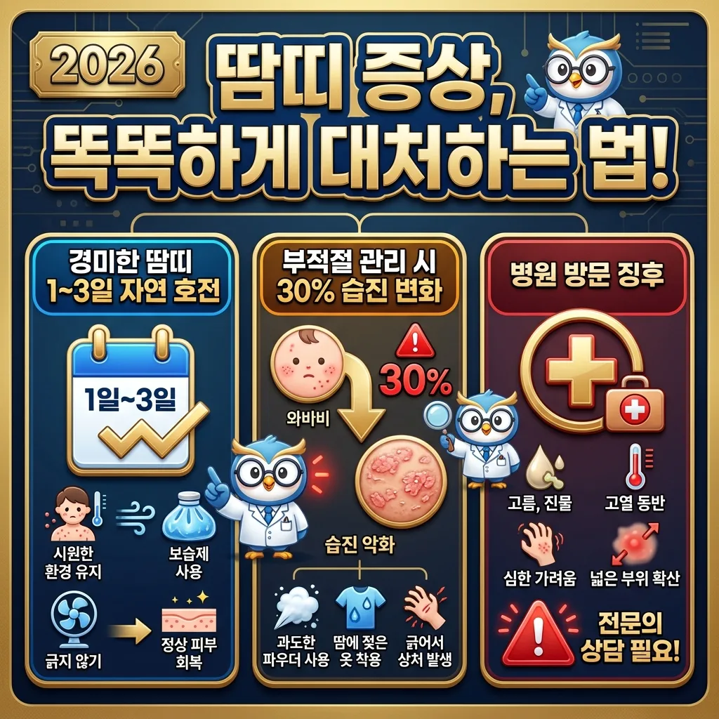 아기 땀띠 증상 발생 시 현명한 대처 방법을 알려주는 인포그래픽. 경미한 땀띠의 자연 호전 기간, 부적절 관리 시 발생할 수 있는 문제, 병원 방문 시기를 명확히 제시합니다.