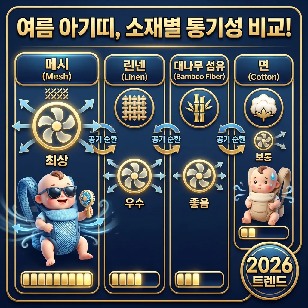 2026년 여름 아기띠 소재별 통기성 비교 인포그래픽. 메쉬, 린넨, 면 등 주요 소재들의 통기성을 아이콘과 게이지로 시각적으로 비교하며, 각 소재의 특징을 한글로 설명합니다. 시원해 보이는 아기 캐릭터가 함께합니다.