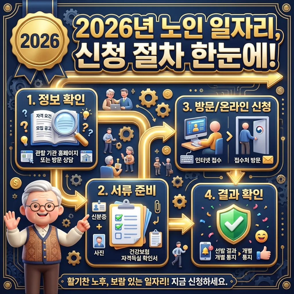 2026년 노인 일자리 지원금 신청 절차를 단계별로 안내하는 인포그래픽 포스터. 정보 확인부터 신청, 결과 확인까지의 과정을 아이콘과 함께 시각적으로 명확하게 보여주며, 친근한 캐릭터와 '2026' 배지가 포함되어 있습니다.