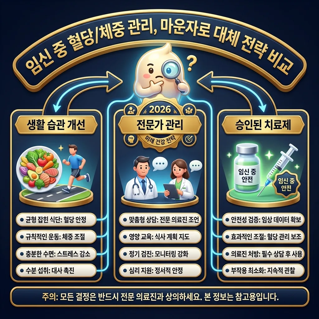 임신 중 혈당 및 체중 관리를 위한 마운자로 대체 전략으로, 생활 습관 개선, 전문가 관리, 승인된 치료제 세 가지 방법을 시각적으로 비교 분석한 인포그래픽입니다.