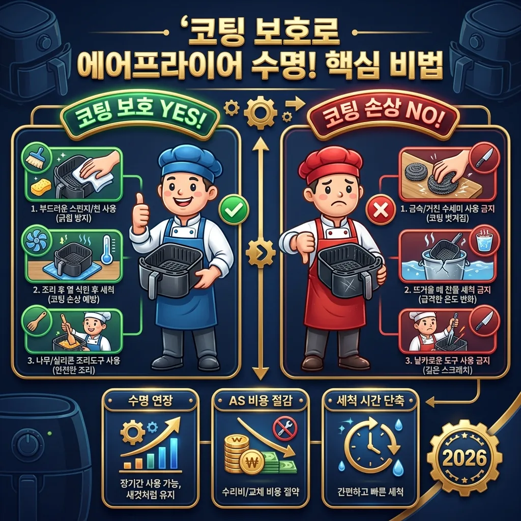 에어프라이어 코팅 손상을 방지하고 수명을 연장하는 올바른 관리법과 경제적 효과를 비교하며 보여주는 인포그래픽. 잘못된 습관과 좋은 습관을 대조합니다.