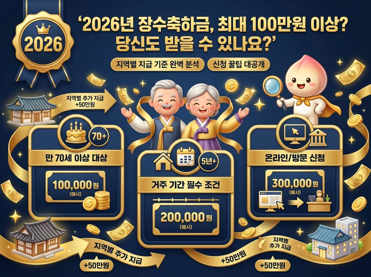 2026년 장수축하금의 지역별 지급 기준을 비교하는 인포그래픽 포스터. 친근한 마스코트가 만 70세 이상 대상 연령, 거주 기간, 5만원에서 100만원 이상의 지급액 범위, 일회성 또는 매년 지급 주기 등 지역별로 다른 기준들을 시각적으로 명확하게 대조하며 보여줍니다.