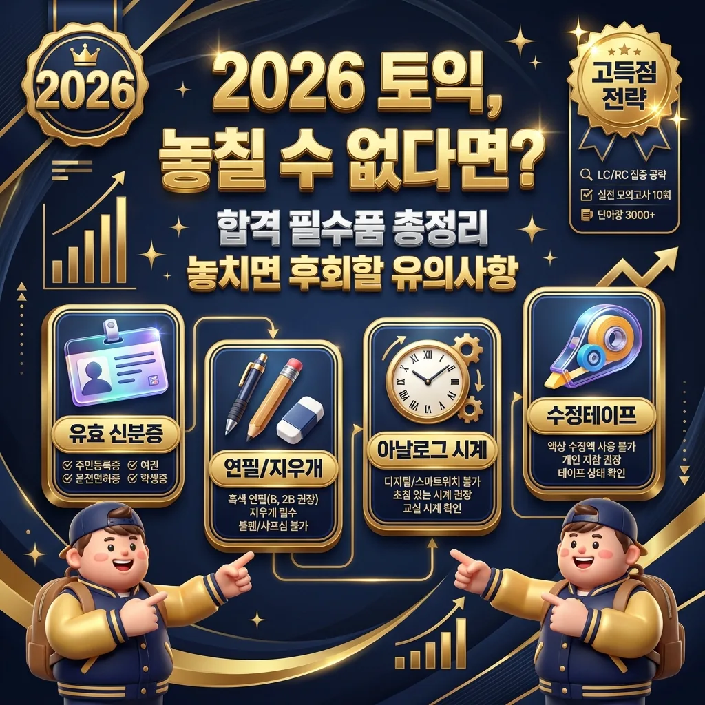 2026년 토익 시험 고득점을 위한 핵심 준비물과 유의사항을 압축적으로 보여주는 풍성한 인포그래픽 포스터. 신분증, 연필, 아날로그 시계 등 필수품 정보와 놓치기 쉬운 팁이 담겨 있습니다.
