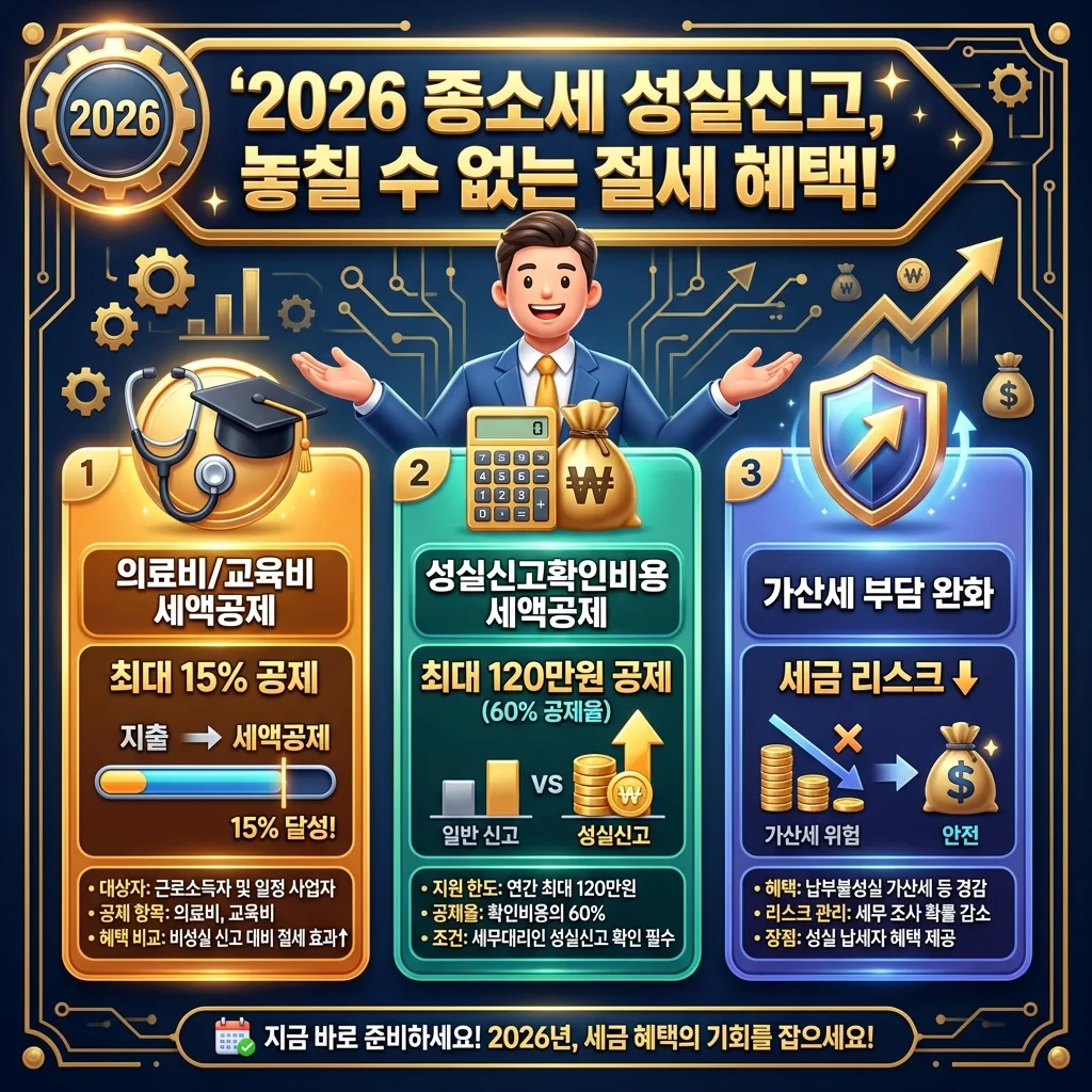 2026년 종합소득세 성실신고를 통해 얻을 수 있는 주요 절세 혜택들을 요약한 인포그래픽 포스터. 의료비/교육비 세액공제, 성실신고확인비용 세액공제, 가산세 부담 완화 등 핵심 혜택을 구체적인 수치와 아이콘, 그리고 활기찬 캐릭터와 함께 시각적으로 설명합니다.