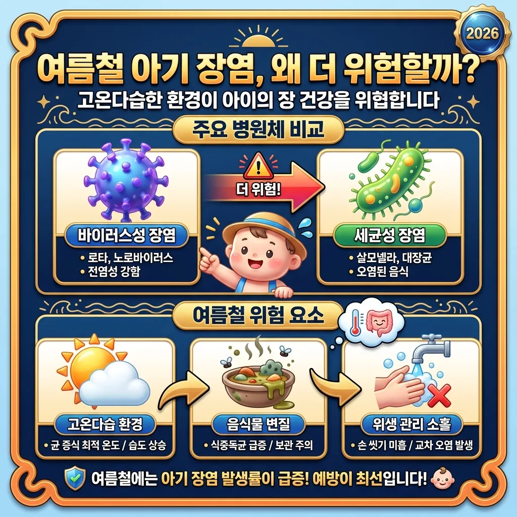 2026년 여름철 아기 장염이 특히 위험한 이유와 주요 병원체를 비교 분석한 인포그래픽 포스터입니다. 바이러스성 및 세균성 장염의 특징과 고온다습한 환경, 음식물 변질, 위생 관리 소홀 등 여름철 위험 요소를 아이콘과 한글 텍스트로 명확하게 설명하여 부모님들이 장염 예방의 중요성을 이해하도록 돕습니다.