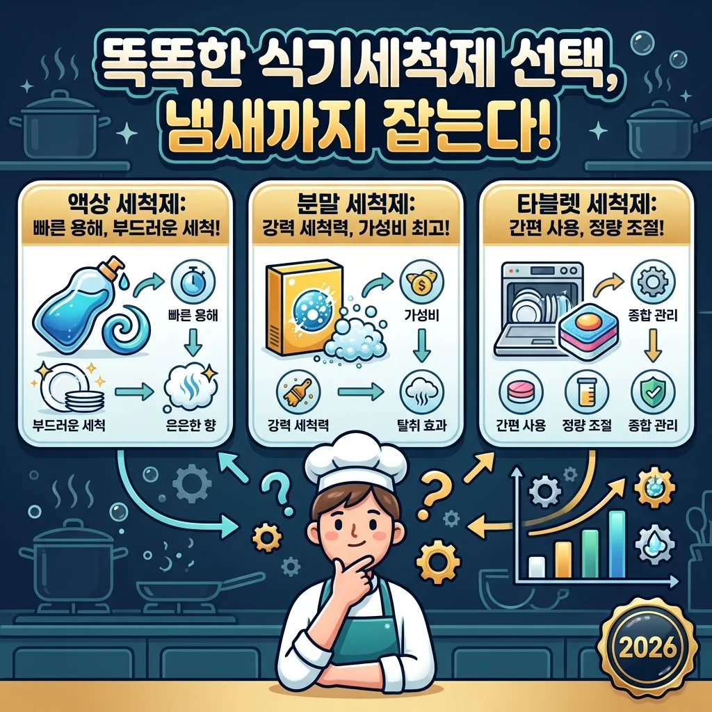 식기세척기 냄새 제거에 효과적인 액상, 분말, 타블렛 세척제의 특징과 장점을 비교하여 보여주는 인포그래픽으로, 올바른 세척제 선택을 돕습니다.