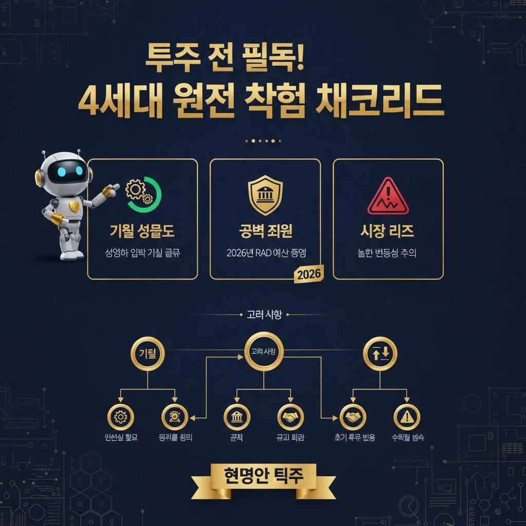 4세대 원전 테마주 투자 전 반드시 확인해야 할 사항들을 요약한 인포그래픽. '투자 전 필독! 4세대 원전 핵심 체크리스트'라는 제목 아래, 기술 성숙도, 정부 지원, 시장 리스크 세 가지 핵심 요소를 아이콘과 한글 텍스트로 설명한다. 친근한 로봇 캐릭터가 체크리스트를 가리키며 2026년 투자 가이드를 제시하고 있다.