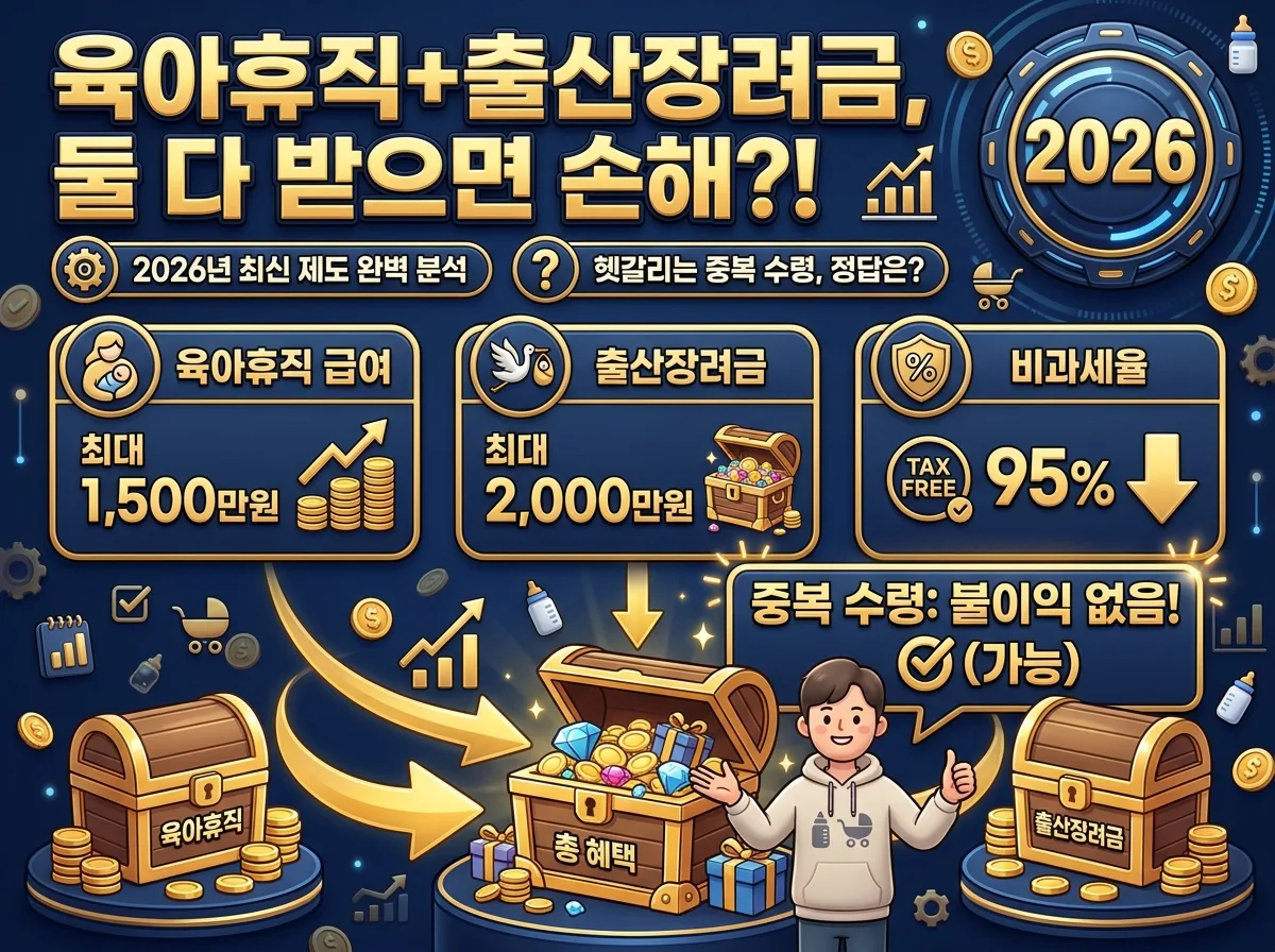 2026년 육아휴직 급여와 출산장려금의 핵심 차이점을 목적, 재원, 신청 주체, 지급 방식별로 비교하는 강렬한 인포그래픽 포스터. 각 항목을 친근한 3D 카툰 캐릭터와 아이콘으로 시각화하여 정보가 꽉 차게 배치되었습니다.