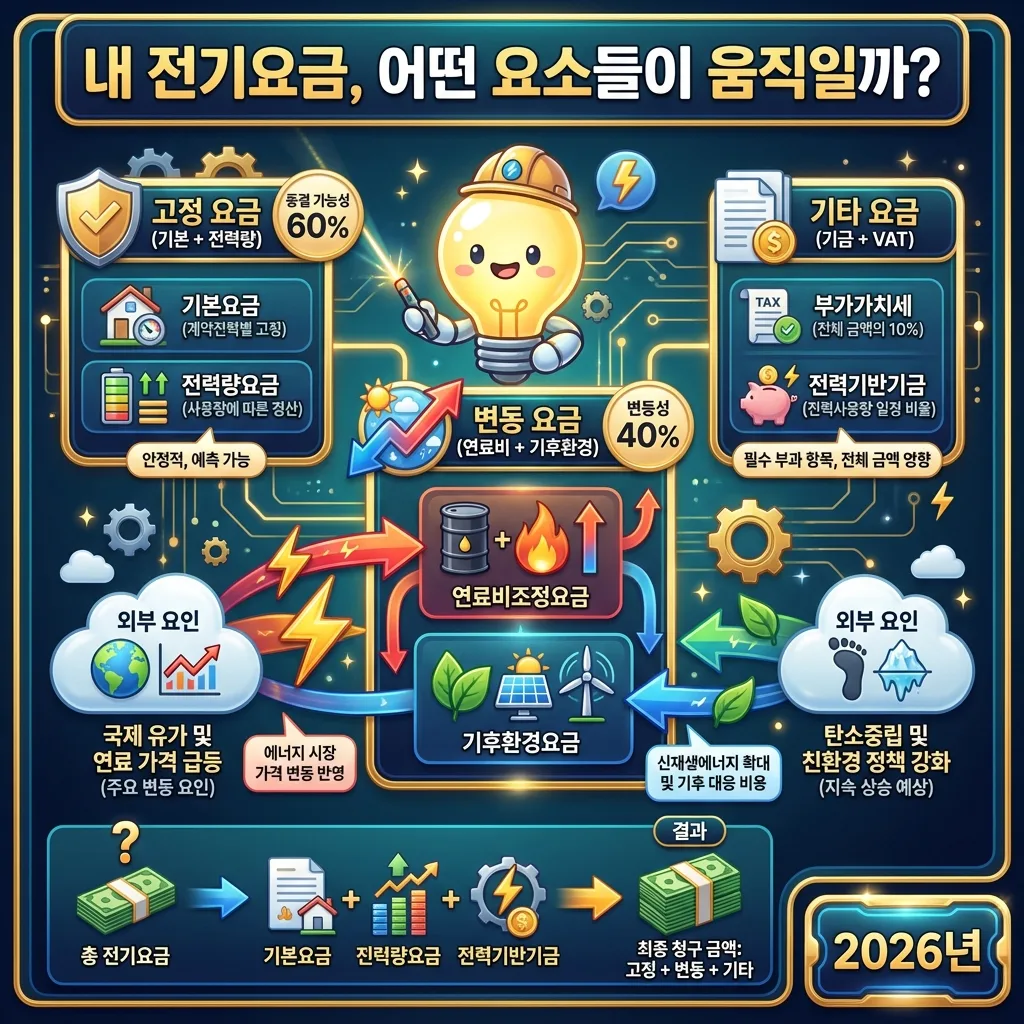 2026년 하반기 전기요금을 효율적으로 관리하고 절약하기 위한 7가지 핵심 방법을 담은 인포그래픽 포스터. 스마트 플러그, 대기전력 차단 등 구체적인 실천 팁을 친근한 캐릭터와 다양한 아이콘, 명확한 한글 라벨로 제시하여 독자가 쉽게 이해하고 적용할 수 있도록 돕는다.