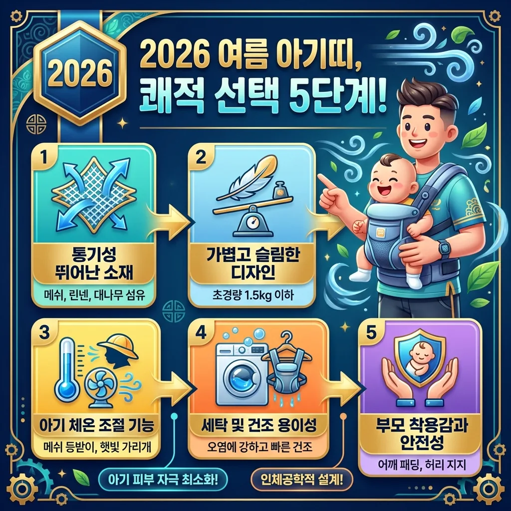 2026년 여름 아기띠 쾌적한 선택을 위한 5단계 가이드 인포그래픽. 통기성 소재, 가볍고 슬림한 디자인, 아기 체온 조절, 세탁 및 건조 용이성, 부모 착용감과 안전성을 각 단계별 아이콘과 한글 설명으로 시각화했습니다.