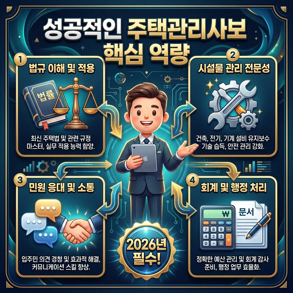성공적인 주택관리사보가 갖춰야 할 핵심 역량을 시각화한 인포그래픽. 법규 이해, 시설물 관리, 민원 응대, 회계 처리 능력을 아이콘과 함께 설명하며, 2026년 필수 역량임을 강조합니다.