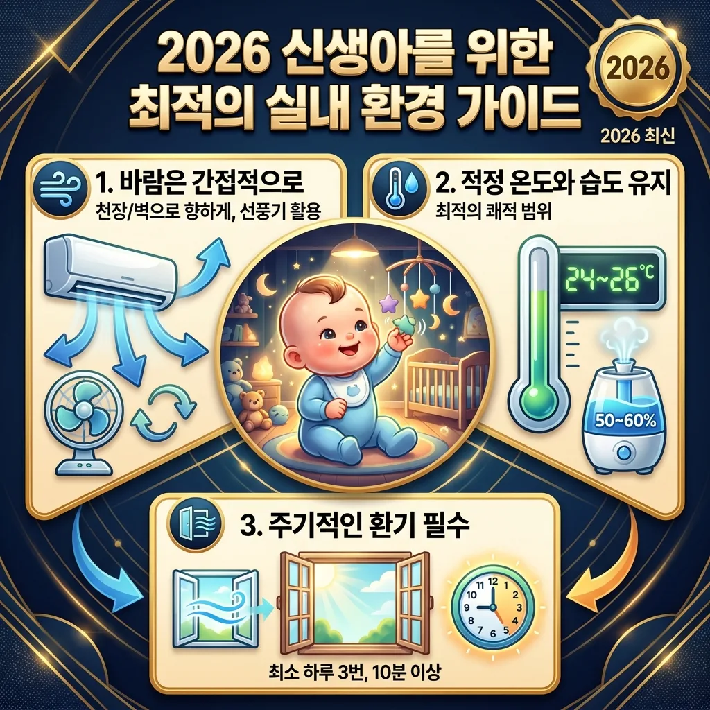 2026년 여름철 신생아를 위한 최적의 실내 환경 기준과 에어컨을 안전하게 사용하는 3단계 실천 방법을 담은 인포그래픽.