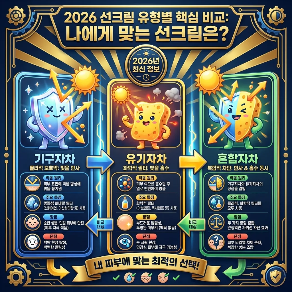 2026년 선크림 유형별(무기자차, 유기자차, 혼합자차) 핵심 특징과 장단점을 비교하는 정보성 포스터. 각 유형의 작동 원리, 백탁 현상, 발림성, 순함 등 주요 포인트를 아이콘과 한글 라벨로 시각화하여 나에게 맞는 선크림을 선택하도록 돕는 인포그래픽입니다.