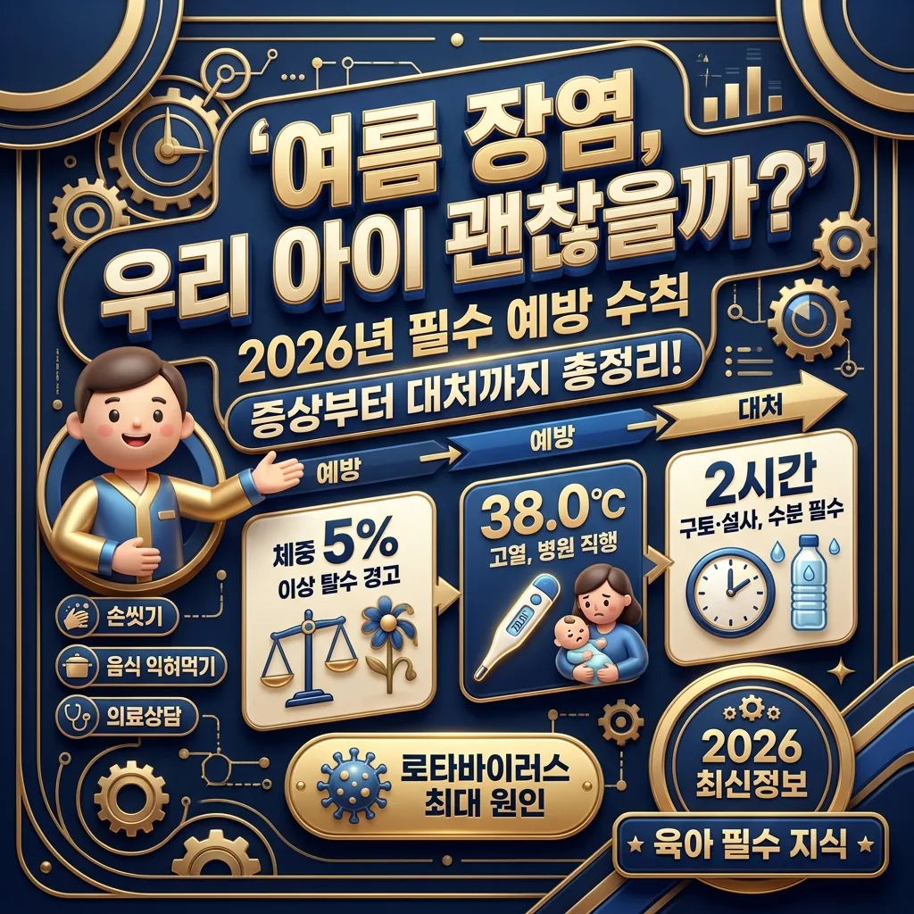 2026년 여름, 영유아 장염의 주요 증상과 위험성을 경고하고 예방 및 대처법을 총정리한 정보성 포스터입니다. 체중 감소, 고열, 구토 및 설사 지속 시간 등 핵심 수치와 로타바이러스 예방 정보를 담고 있습니다.