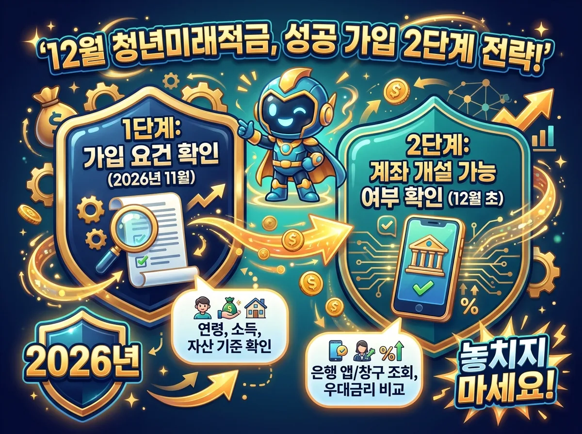 2026년 12월 청년미래적금 2차 가입을 위한 2단계 전략을 제시하는 인포그래픽. 1단계로 11월 가입 요건을 확인하고, 2단계로 12월 초 계좌 개설 가능 여부 및 우대금리 비교를 안내한다.