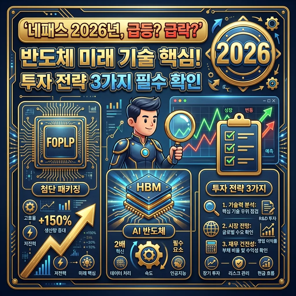네패스 주가 투자 전략 3단계를 시각화한 정보성 인포그래픽. 시장 분석, 기술 평가, 재무 점검 단계를 각기 다른 아이콘과 설명으로 명확하게 보여주며, 친근한 로봇 캐릭터가 안내하는 포스터.