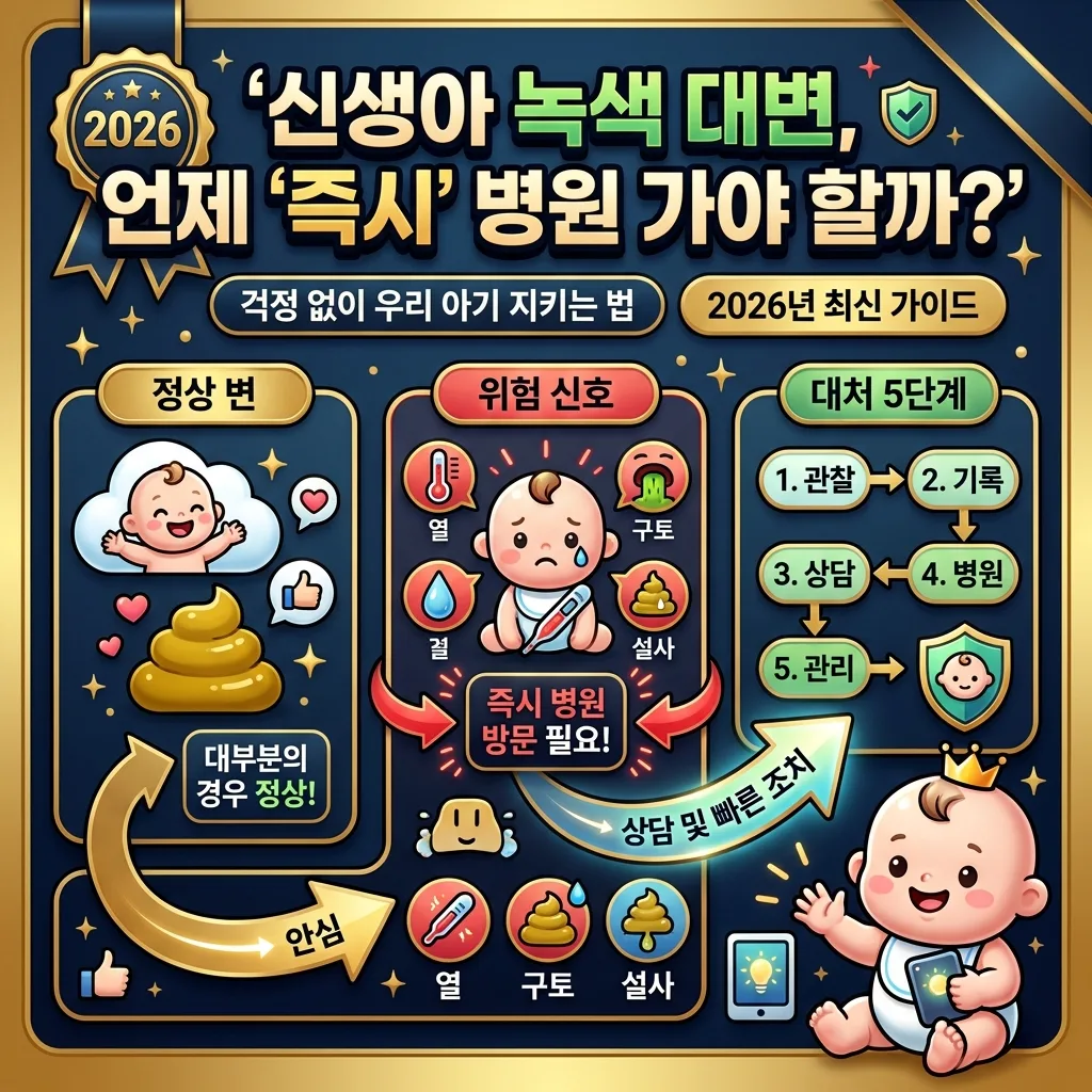 2026년 신생아 녹색 대변 최신 가이드 포스터. 아기의 녹색 변에 대해 언제 즉시 병원에 가야 할지, 정상 변과 위험 신호를 구분하고 대처 5단계를 명확히 설명하는 정보 가득한 이미지.