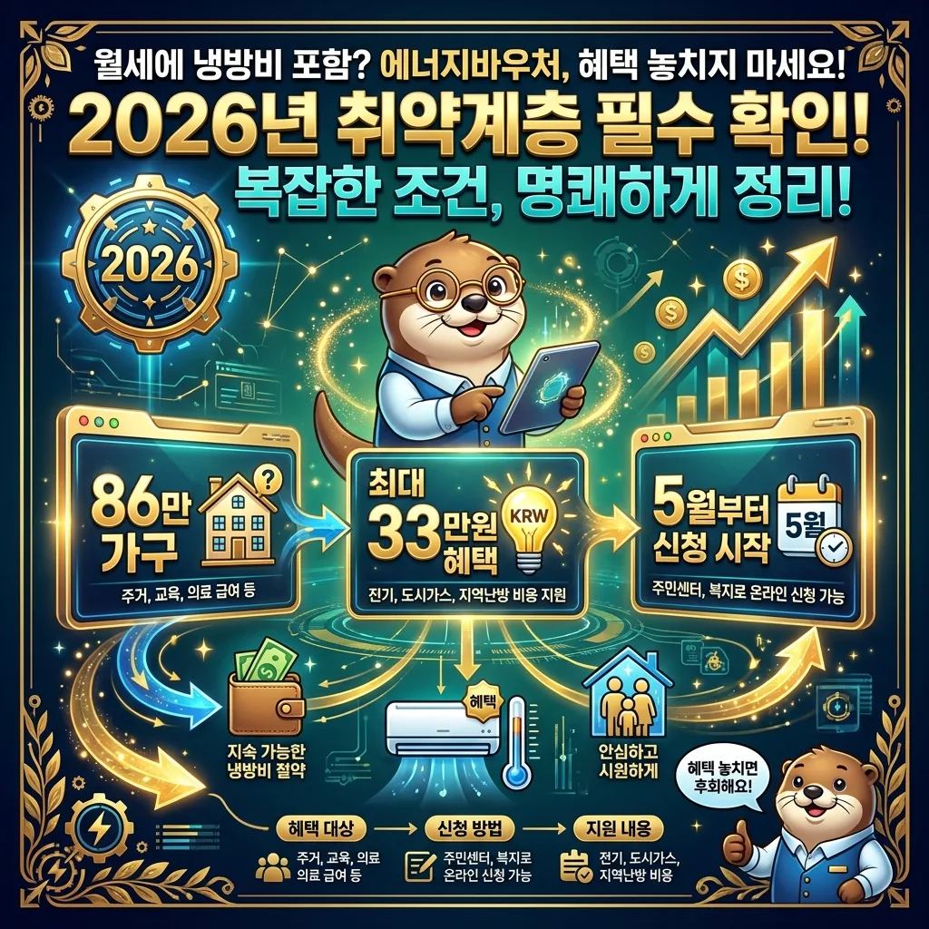 월세에 냉방비가 포함된 경우 에너지바우처 수령 가능 여부를 안내하는 인포그래픽. 개별 납부, 관리비 포함, 임대인 일괄 납부 세 가지 상황을 설명하고, 계약서 확인의 중요성을 강조한다.