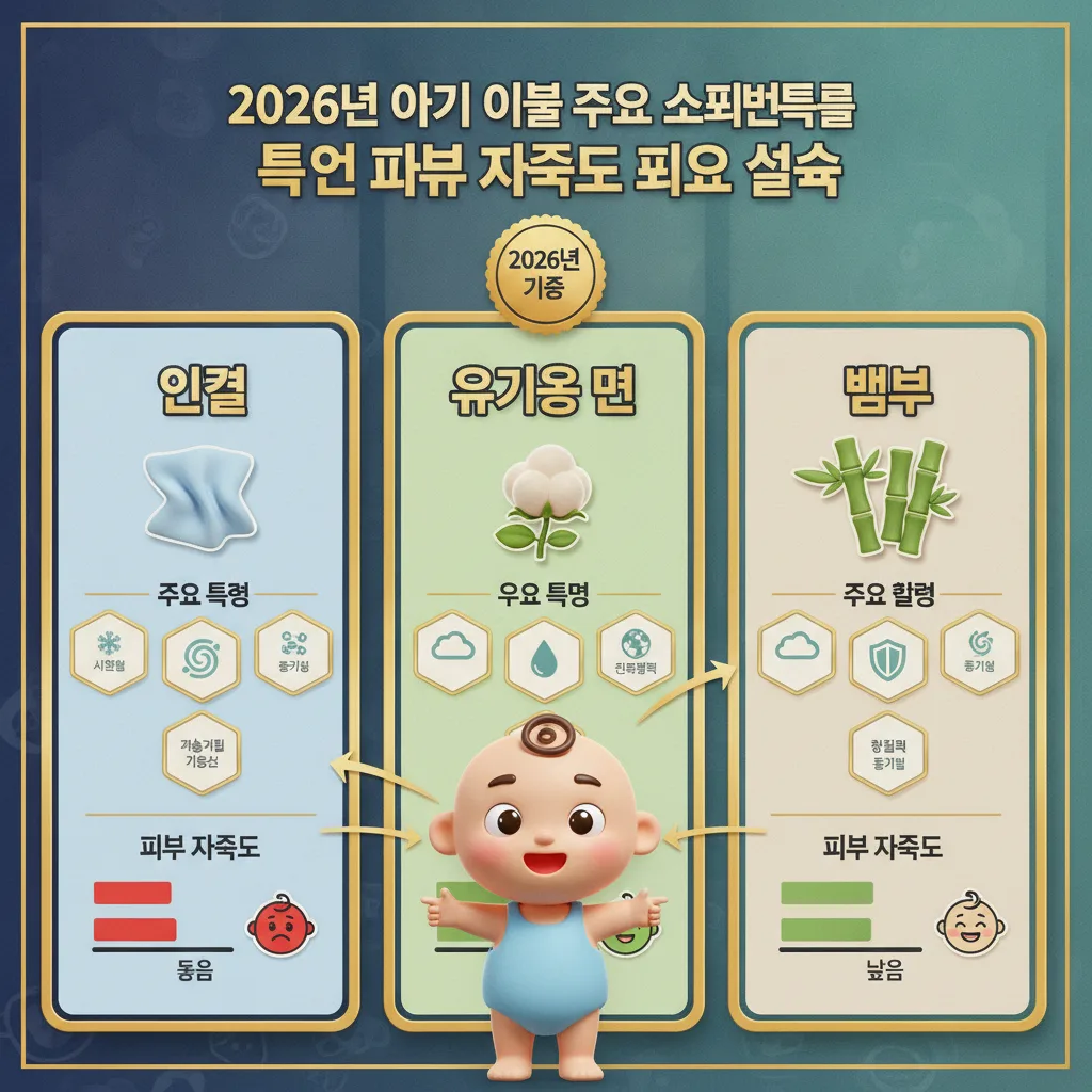 2026년 기준 아기 이불의 주요 소재인 인견, 유기농 면, 뱀부의 특성과 피부 자극도를 비교 분석한 인포그래픽. 각 소재별 장단점과 아기 피부에 미치는 영향을 시각적으로 보여줍니다.