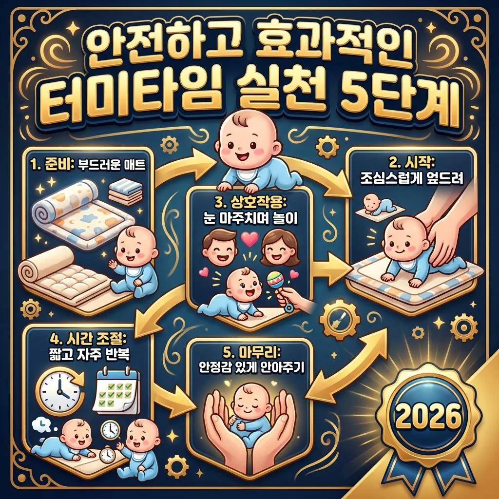강렬한 인포그래픽 포스터에 "안전하고 효과적인 터미타임 실천 5단계"라는 헤더가 있다. 3D 카툰 아기 캐릭터와 함께, 터미타임 준비, 시작, 상호작용, 시간 조절, 마무리 5단계가 아이콘과 한글 텍스트로 명확히 시각화되어 있다. '2026' 배지도 포함되어 있다.