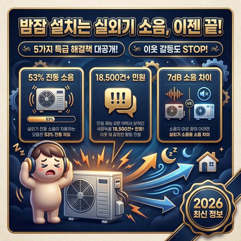 밤잠을 방해하는 에어컨 실외기 소음을 5가지 방법으로 해결하는 방법을 보여주는 강렬한 인포그래픽 포스터. 진동 소음, 민원 건수, 소음 차이 등 핵심 정보를 담고 있습니다.