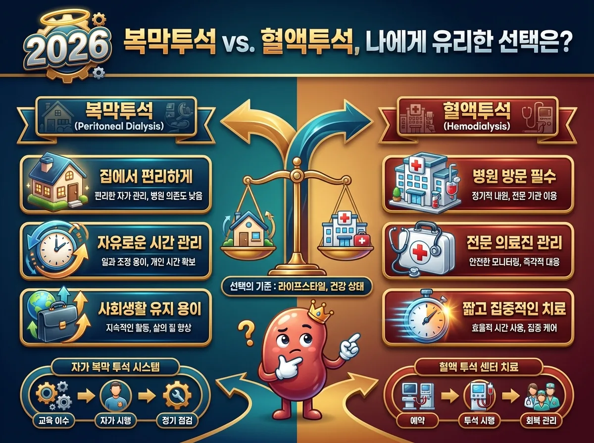 2026년 복막투석과 혈액투석의 주요 특징과 장단점을 비교하여 환자에게 더 적합한 선택을 돕는 정보성 인포그래픽입니다.